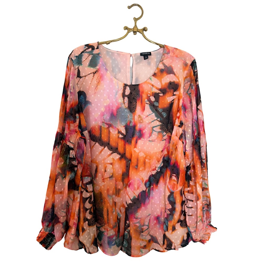 Torrid Size 2 Abstract Butterfly Swiss Dot Long Sleeve Blouse Pink Orange Lined